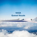 X-59 in flight with NASA Quesst Visuals written above the vehicle.