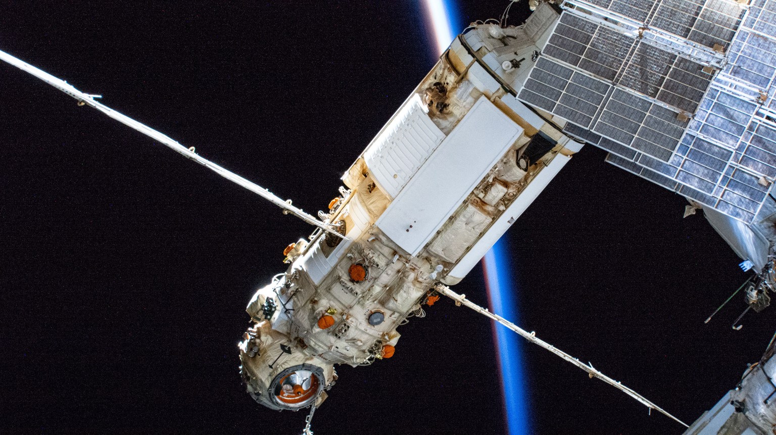 Russia's Nauka multipurpose laboratory module is pictured as the International Space Station flew into an orbital sunset 267 miles above North America.