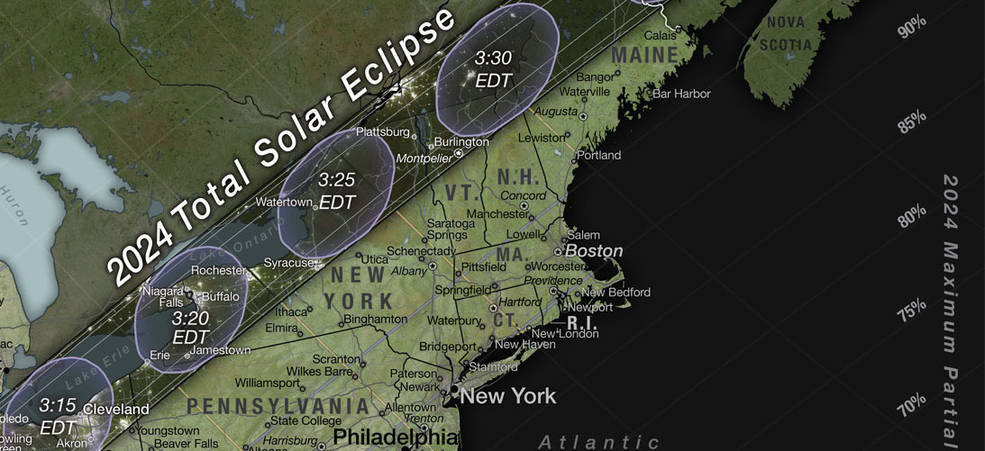 A close-up view of the map shows the 2024 total solar eclipse path over the northeastern U.S. States outside the path are crossed by purple and yellow lines. Percentage values appear at the ends of the purple lines on the right.