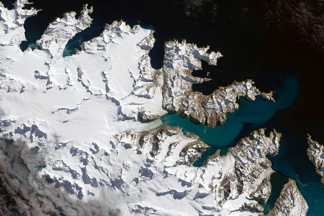 closeup satellite image of sub-Antarctic island with glaciers