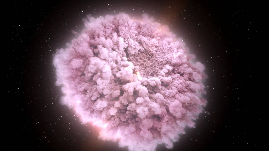 This illustration shows the hot, dense, expanding cloud of debris stripped from the neutron stars just before they collided.