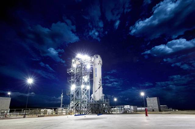 Blue Origin’s New Shepard on the rocket’s launchpad in West Texas.