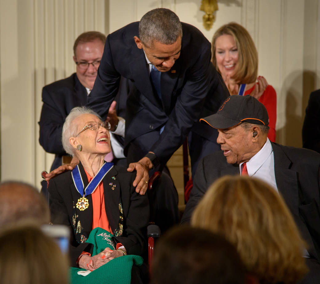President Barack Obama presents former NASA mathematician Katherine Johnson with the Presidential Medal of Freedom 