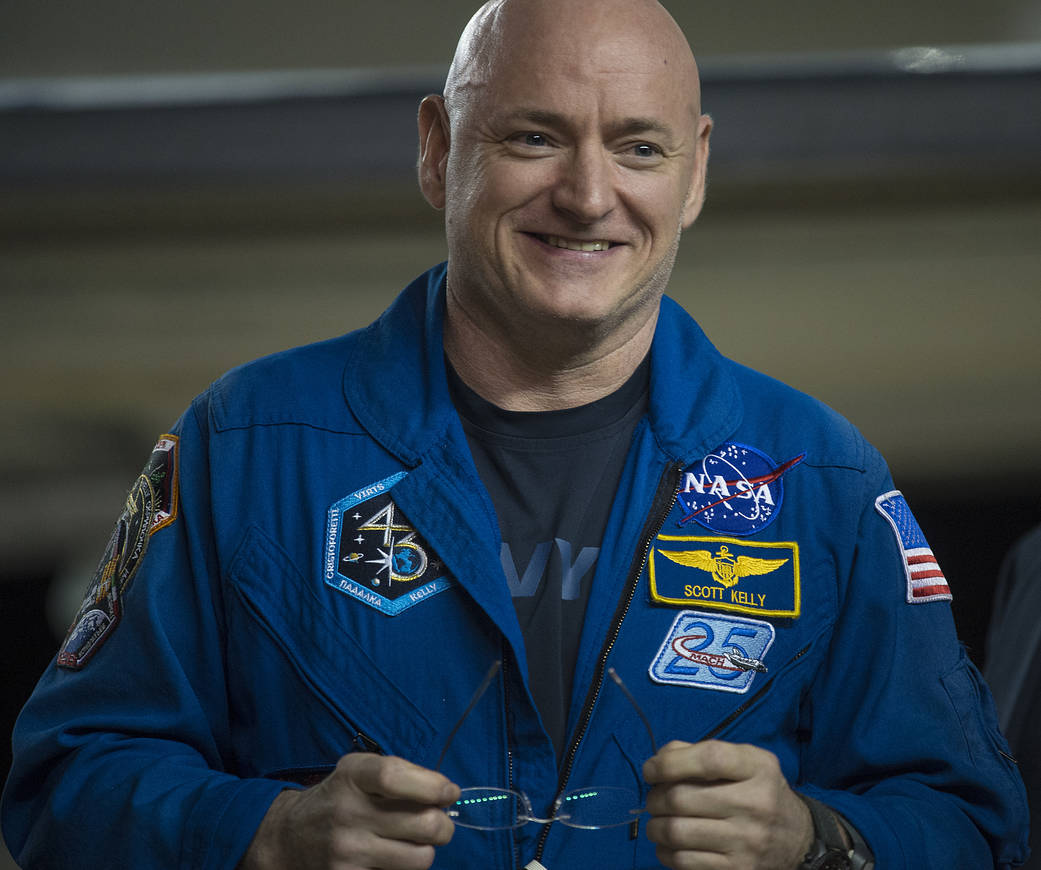 Expedition 46 Commander Scott Kelly of NASA is seen after returning to Ellington Field, Thursday, March 3, 2016 in Houston.