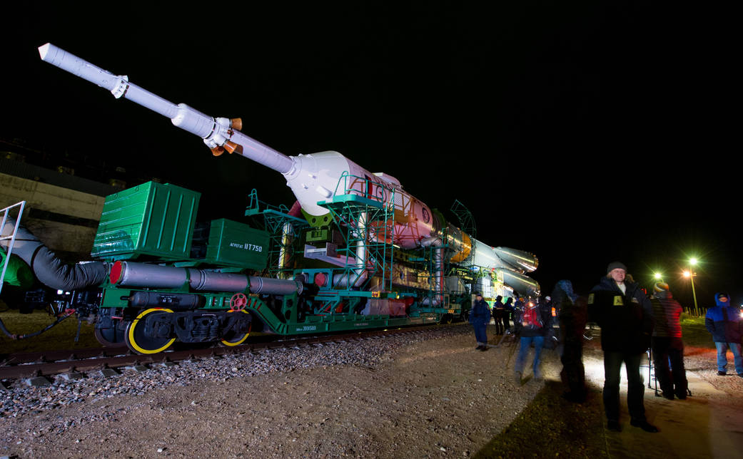 The Soyuz TMA-20M spacecraft is rolled out to the launch pad