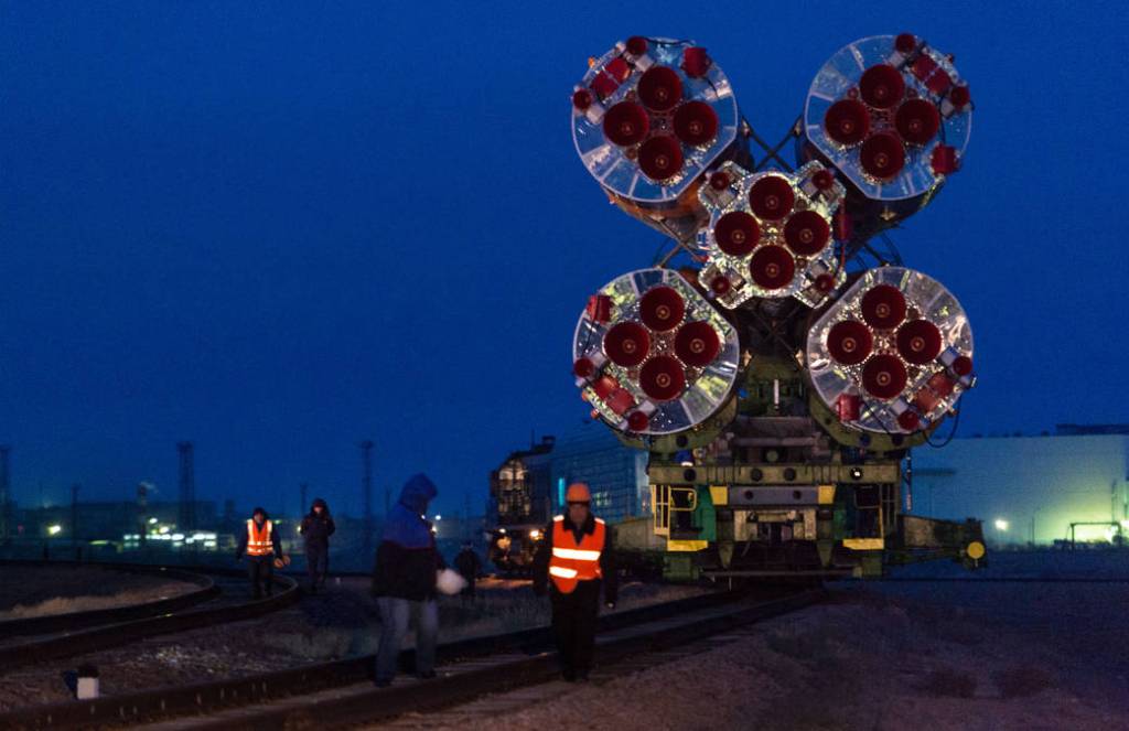 The Soyuz TMA-20M spacecraft is rolled out to the launch pad