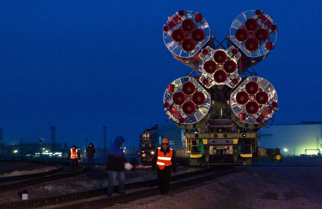 The Soyuz TMA-20M spacecraft is rolled out to the launch pad