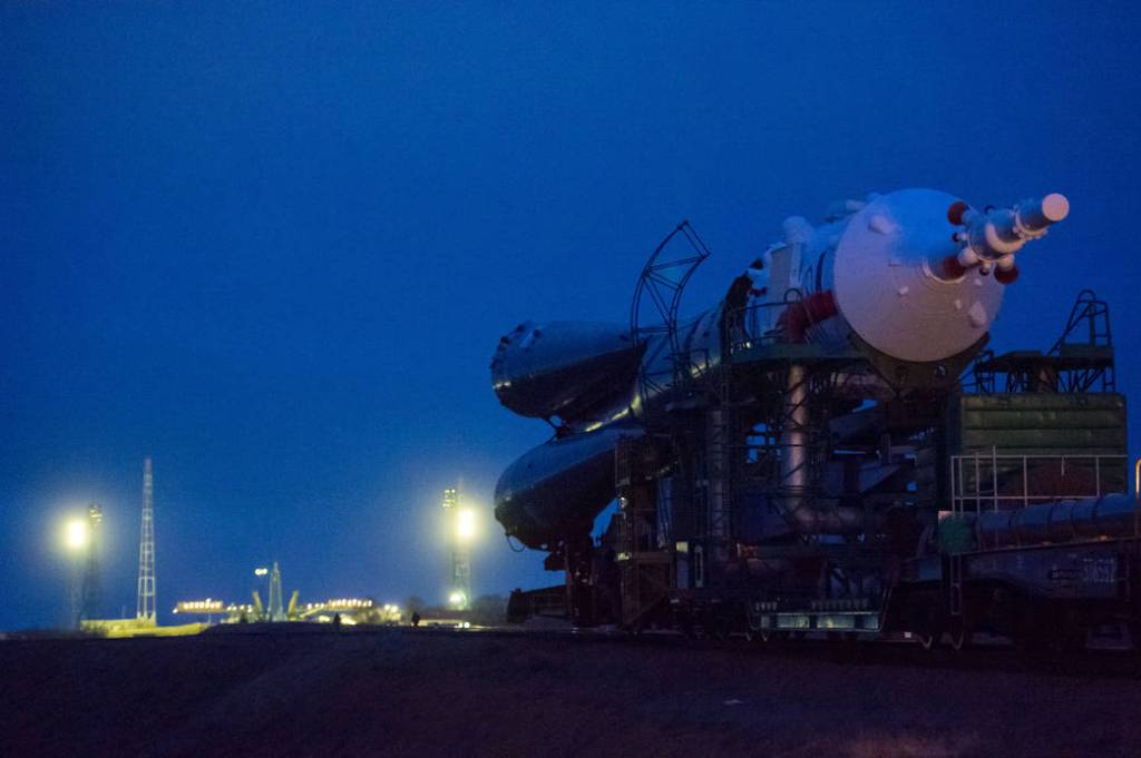 The Soyuz TMA-20M spacecraft is rolled out to the launch pad