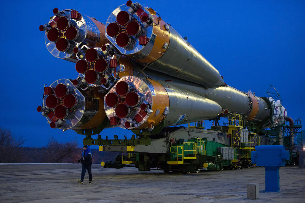 The Soyuz TMA-20M spacecraft is rolled out to the launch pad