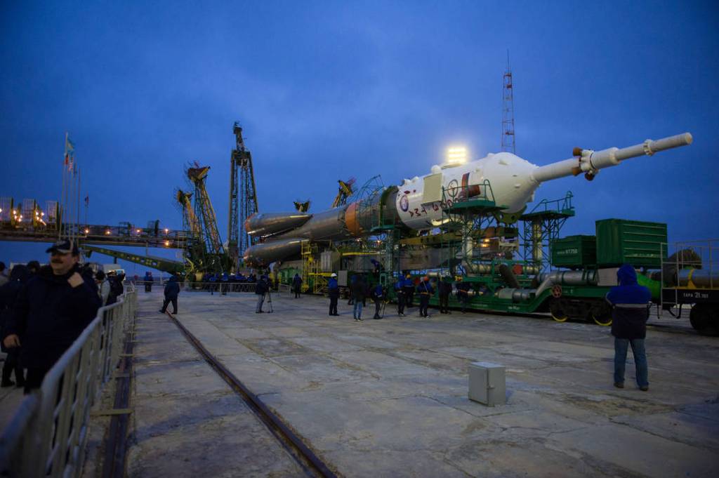 The Soyuz TMA-20M spacecraft is rolled out to the launch pad