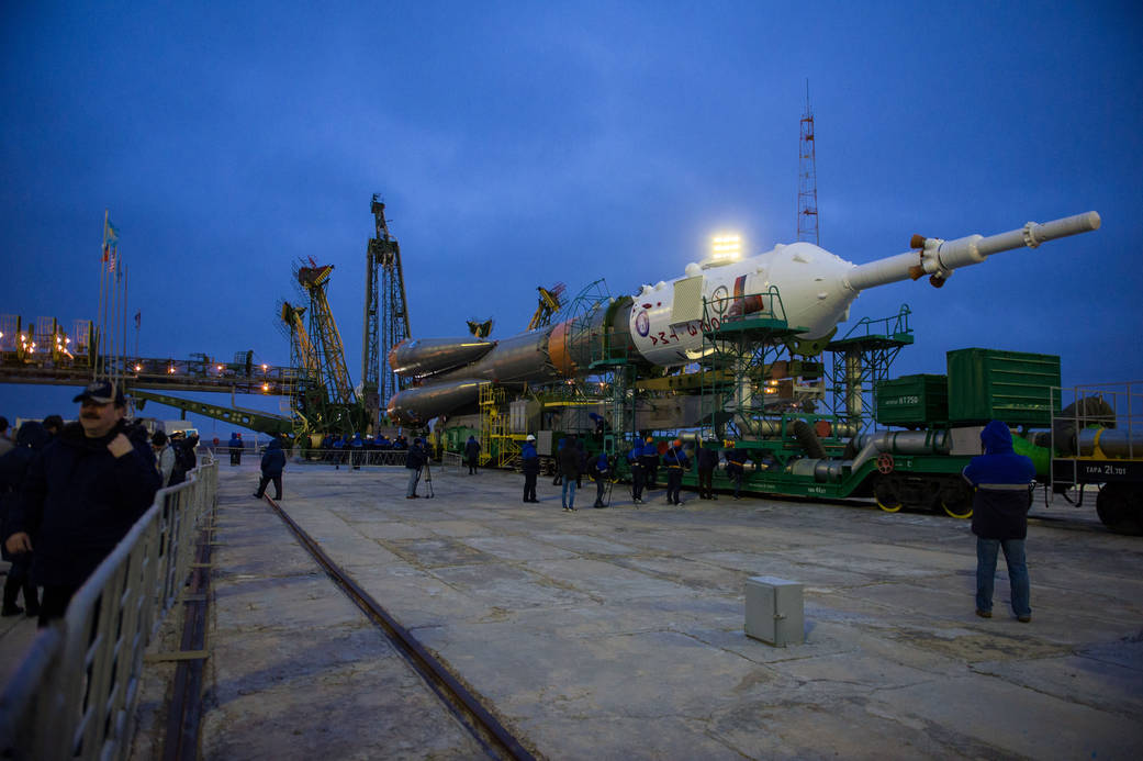 The Soyuz TMA-20M spacecraft is rolled out to the launch pad