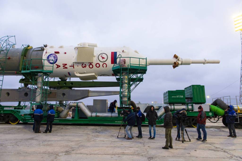 The Soyuz TMA-20M spacecraft is secured at the launch pad