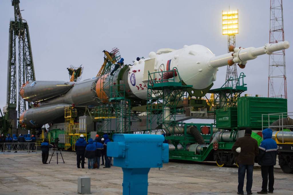 The Soyuz TMA-20M spacecraft is secured at the launch pad