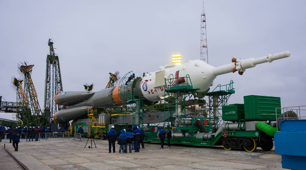 The Soyuz TMA-20M spacecraft is secured at the launch pad