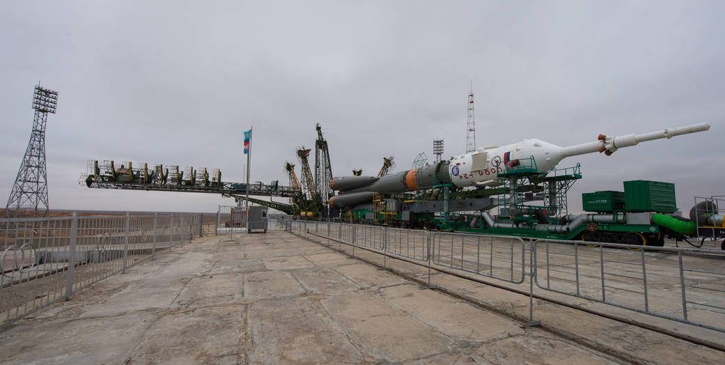 The Soyuz TMA-20M spacecraft is seen at the launch pad