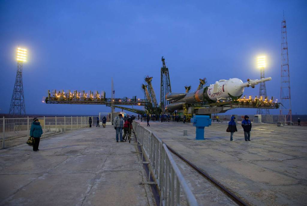 The Soyuz TMA-20M spacecraft is prepared to be raised