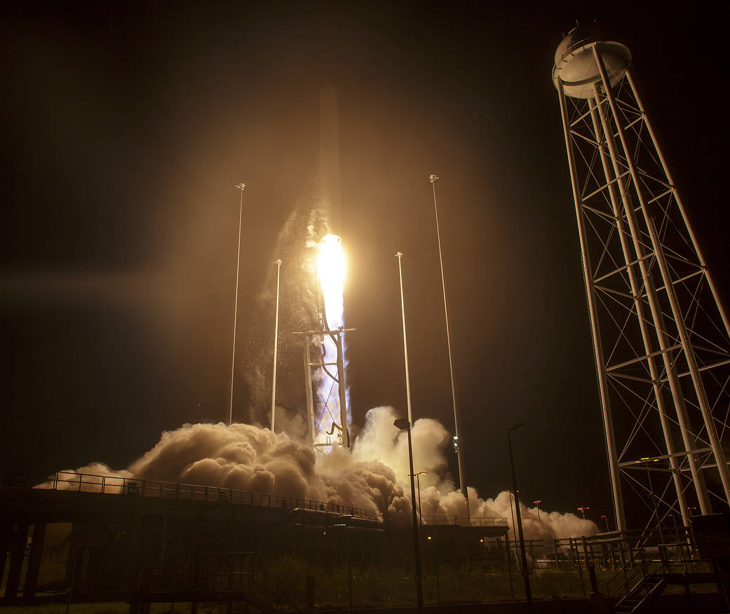 Liftoff of Antares rocket at night from NASA Wallops