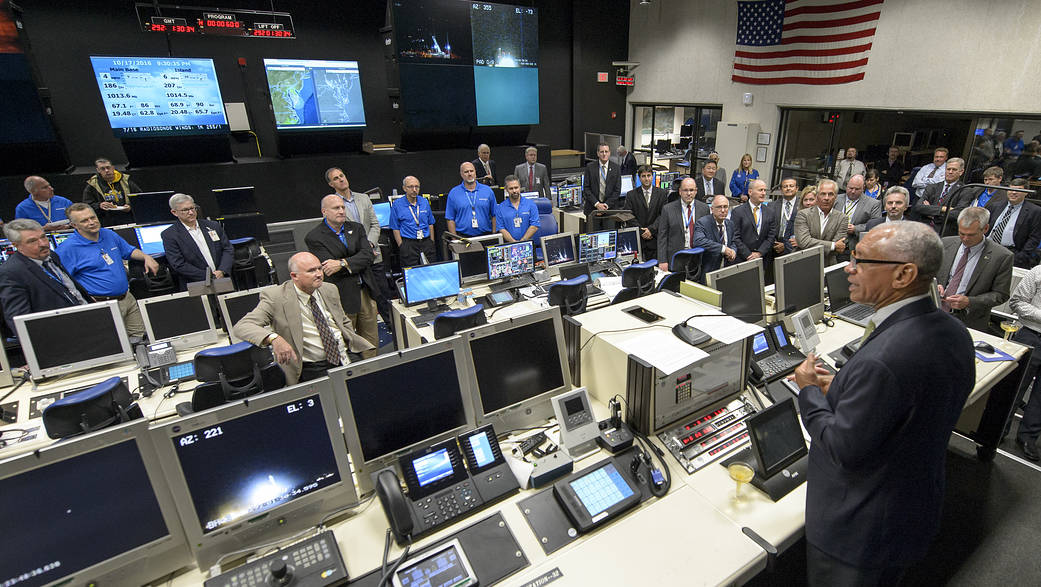 NASA Administrator Charles Bolden congratulates the Orbital ATK Antares rocket, and Cygnus spacecraft launch teams Oct. 17, 2016