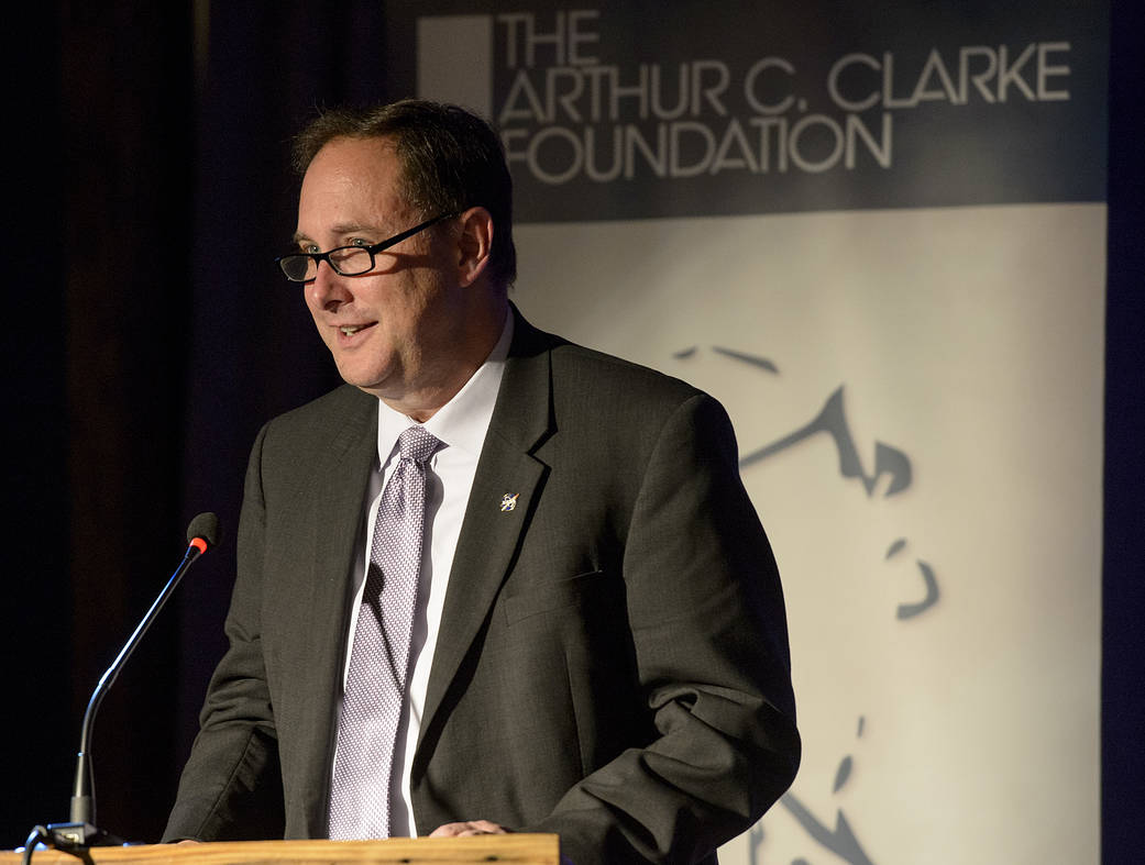 NASA Associate Administrator Robert Lightfoot delivers remarks after accepting the 2016 Arthur C. Clarke Lifetime Achievement Aw