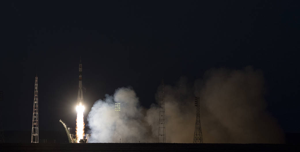 Liftoff of Soyuz rocket from Baikonur Cosmodrome