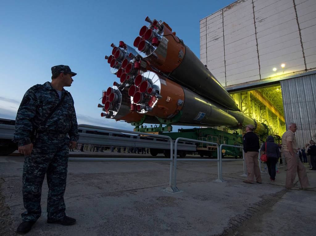 The Soyuz Rocket is Rolled Out by Train to the Launch Pad
