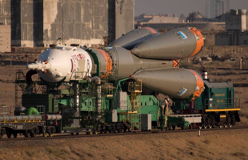 The Soyuz Rocket is Rolled Out by Train to the Launch Pad