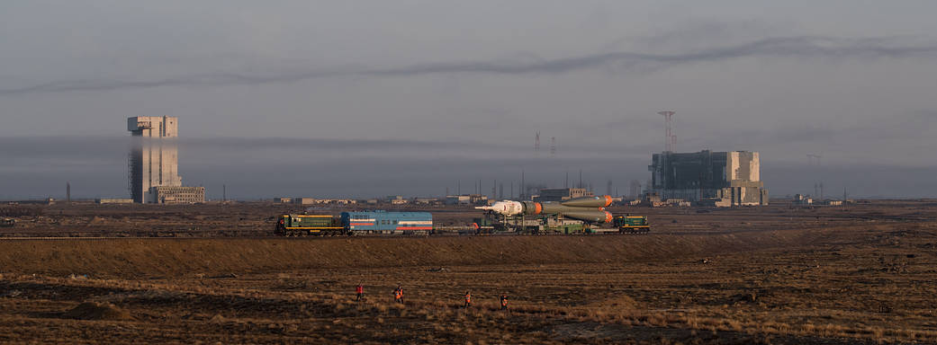 The Soyuz Rocket is Rolled out by Train to the Launch Pad