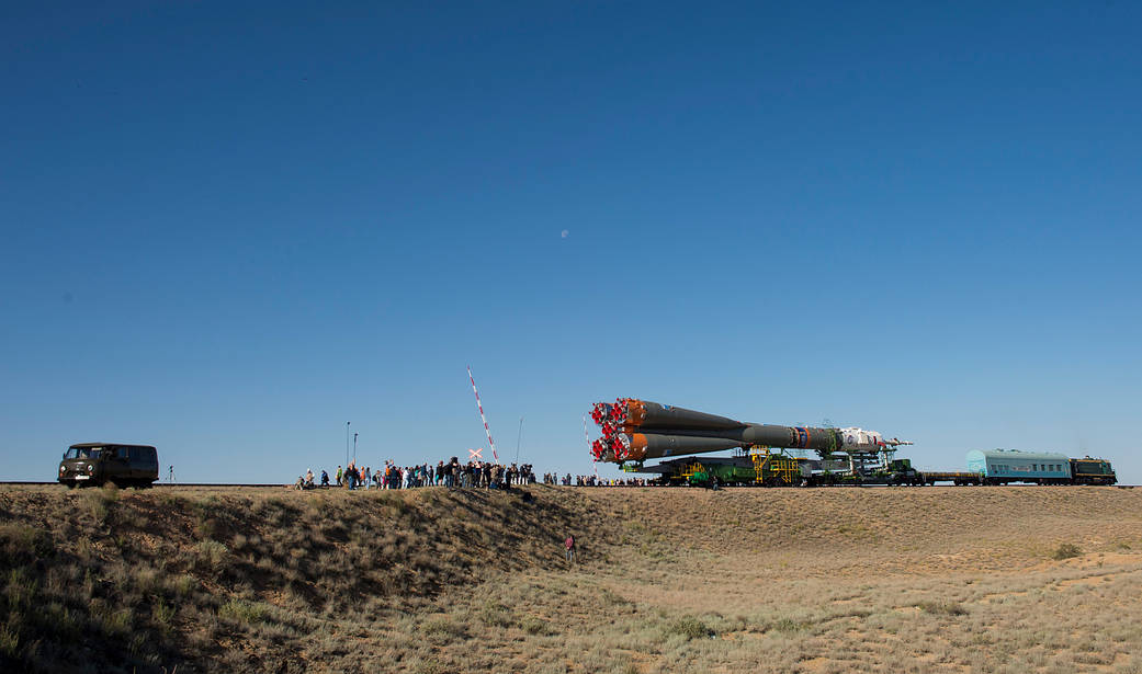 The Soyuz Rocket Is Rolled by Train to the Launch Pad