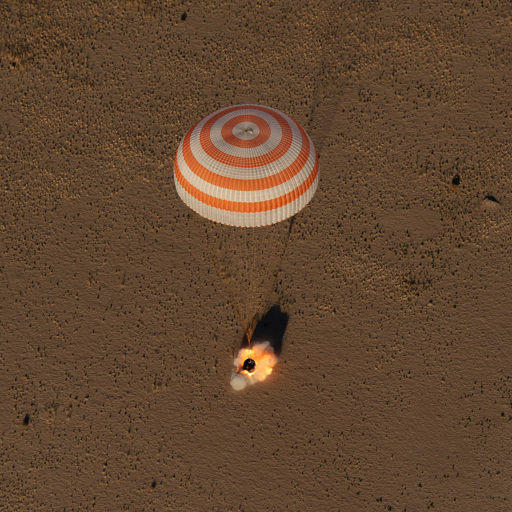 The Soyuz MS-08 spacecraft is seen as it lands with Expedition 56