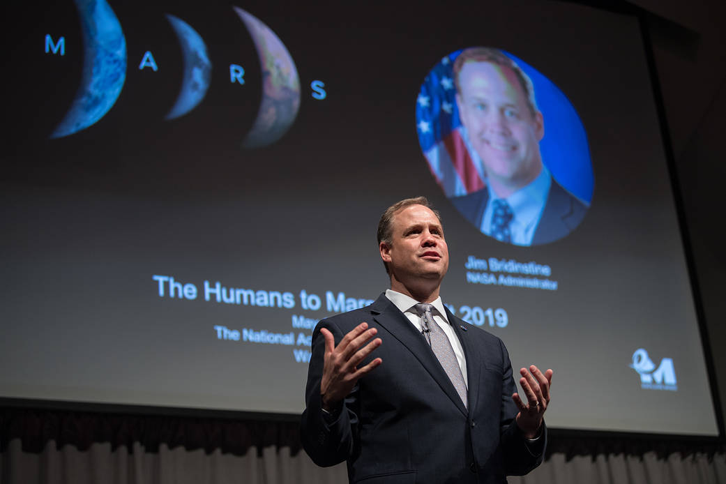 NASA Administrator Jim Bridenstine speaking on stage at the Humans to Mars Summit.