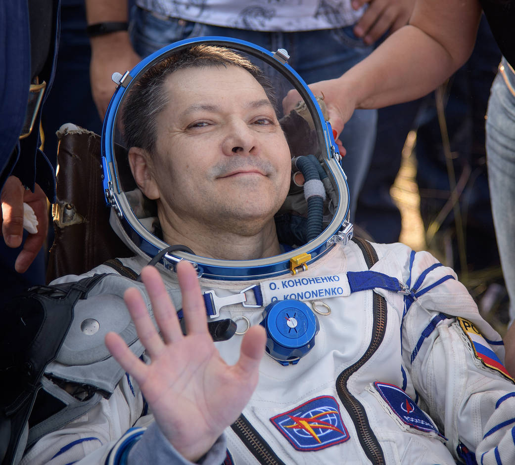 Cosmonaut Oleg Kononenko of Roscosmos is seen outside the Soyuz MS-11 spacecraft