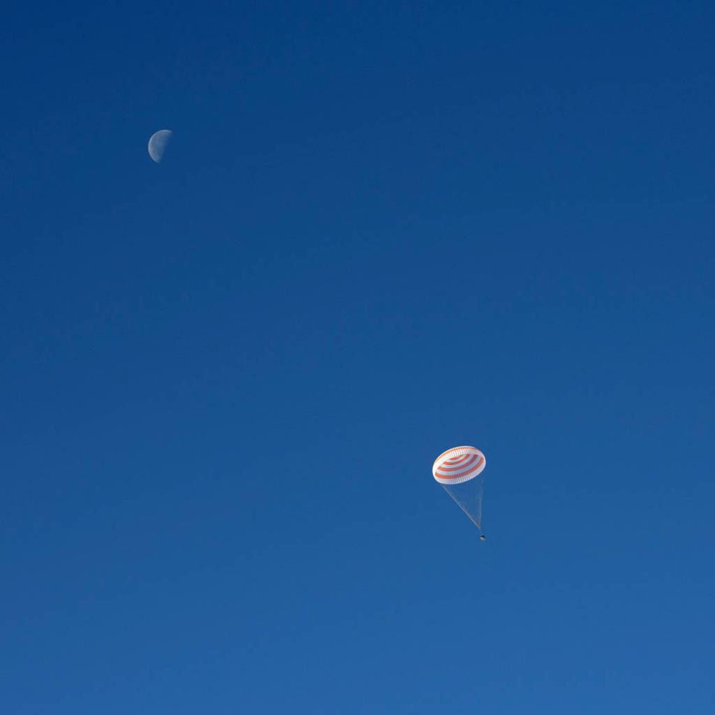 The Soyuz MS-11 spacecraft is seen as it lands with the Expedition 59 crew