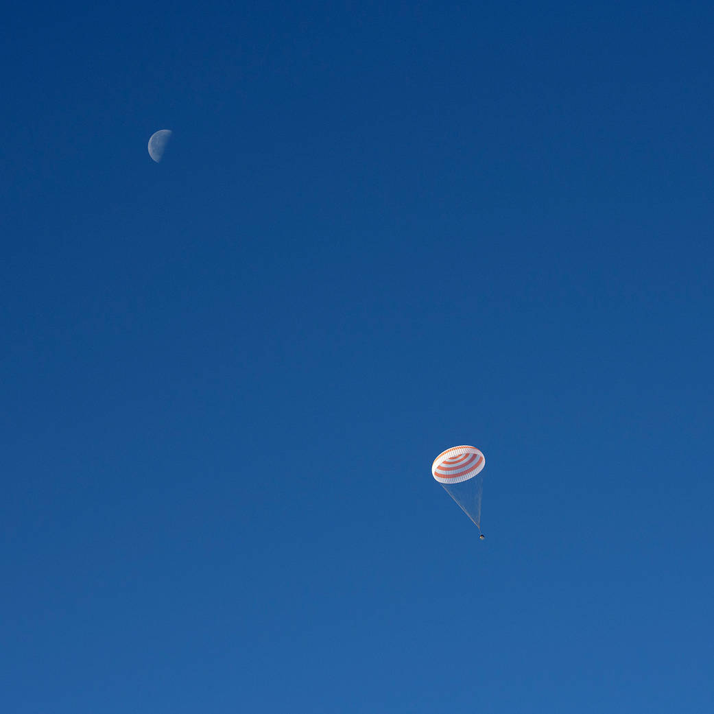 The Soyuz MS-11 spacecraft is seen as it lands with the Expedition 59 crew