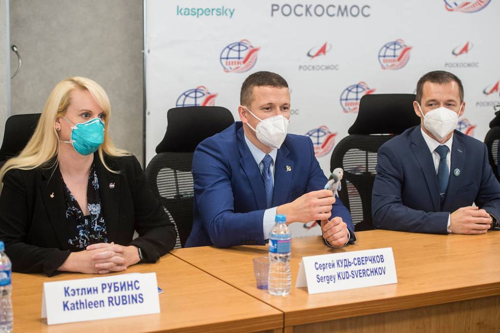 Expedition 64 crew members during a press conference
