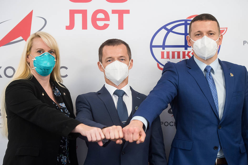 Expedition 64 crew members at the conclusion of a press conference
