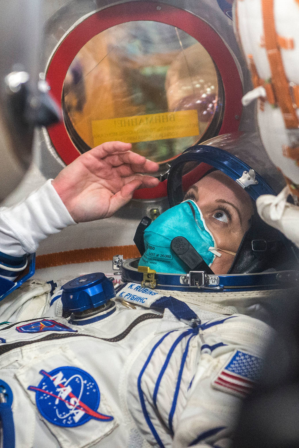 NASA astronaut Kate Rubins inside the Soyuz MS-17 spacecraft