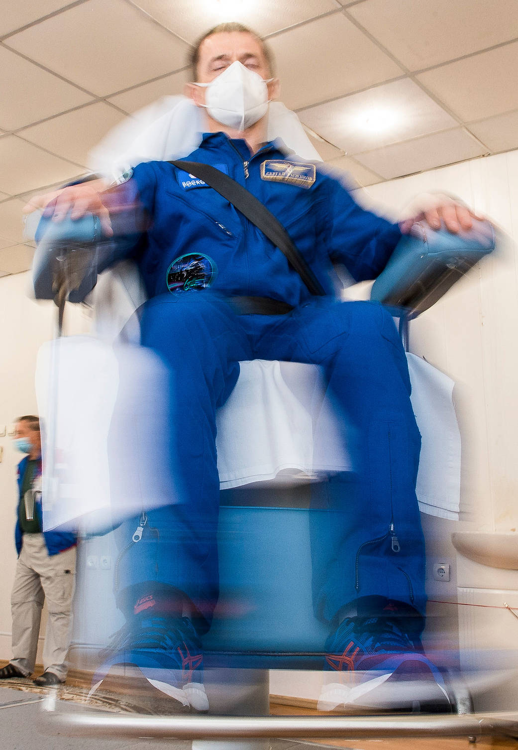 Cosmonaut Sergey Ryzhikov during spin chair training