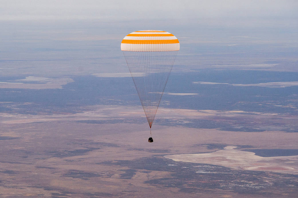 The Soyuz MS-16 spacecraft is seen as it lands
