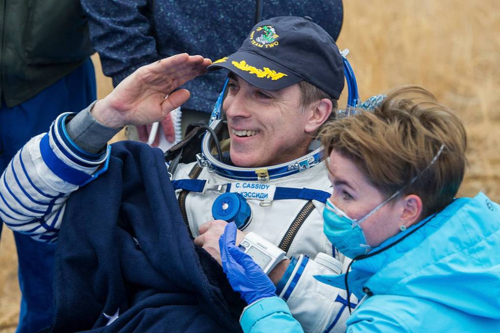 Astronaut Chris Cassidy is seen outside the Soyuz MS-16 spacecraft
