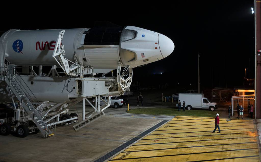 The SpaceX Crew Dragon rolls out to the launch pad