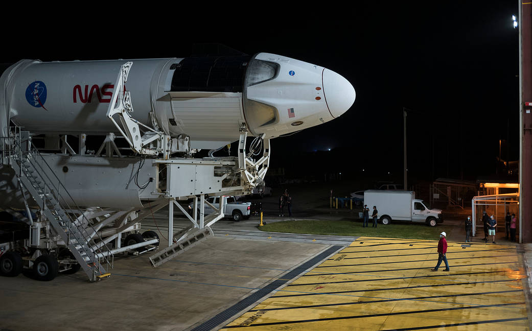 The SpaceX Crew Dragon rolls out to the launch pad