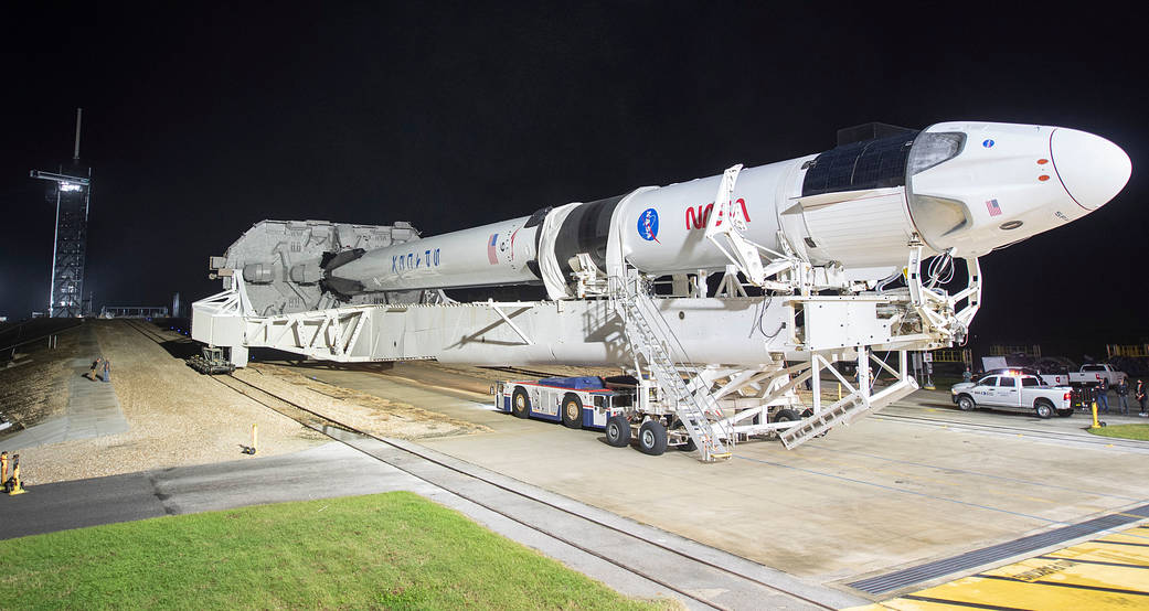 The SpaceX Crew Dragon rolls out to the launch pad