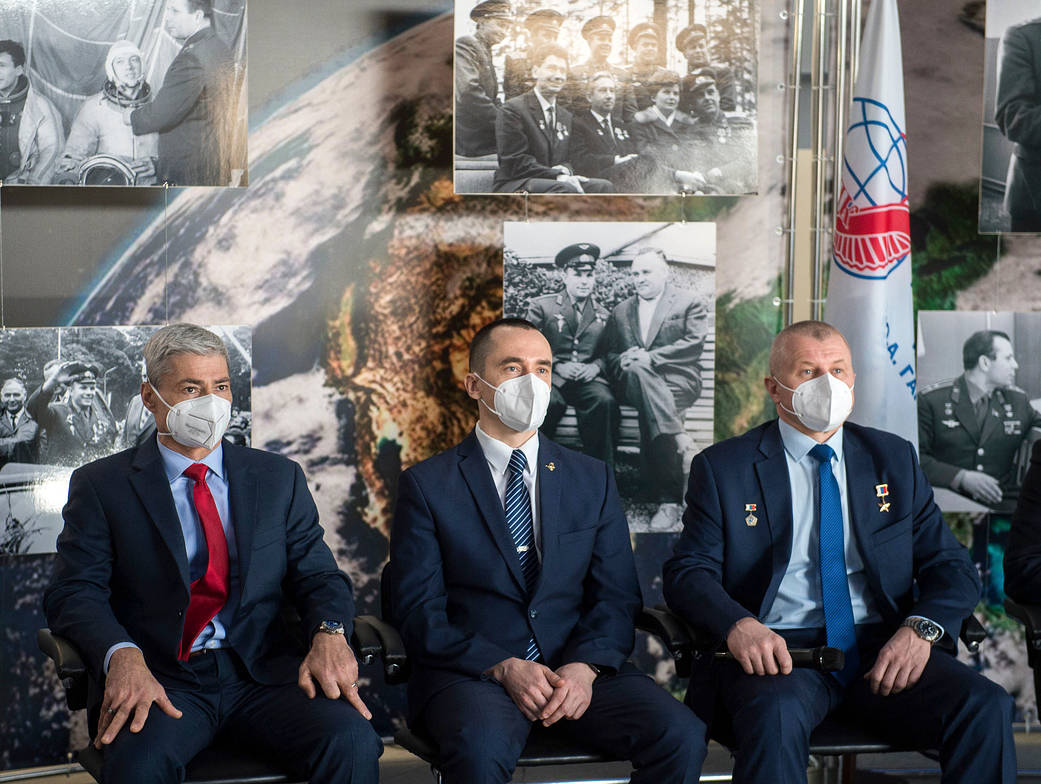 Expedition 65 prime crew members during a press conference
