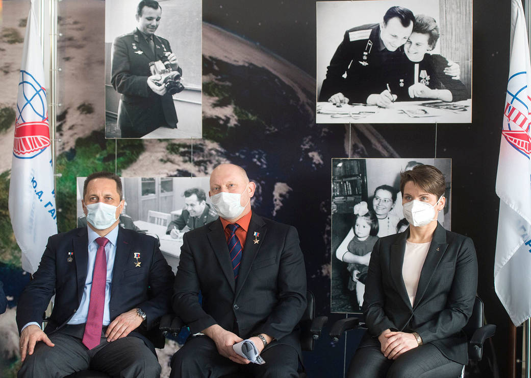 Expedition 65 prime crew members during a press conference