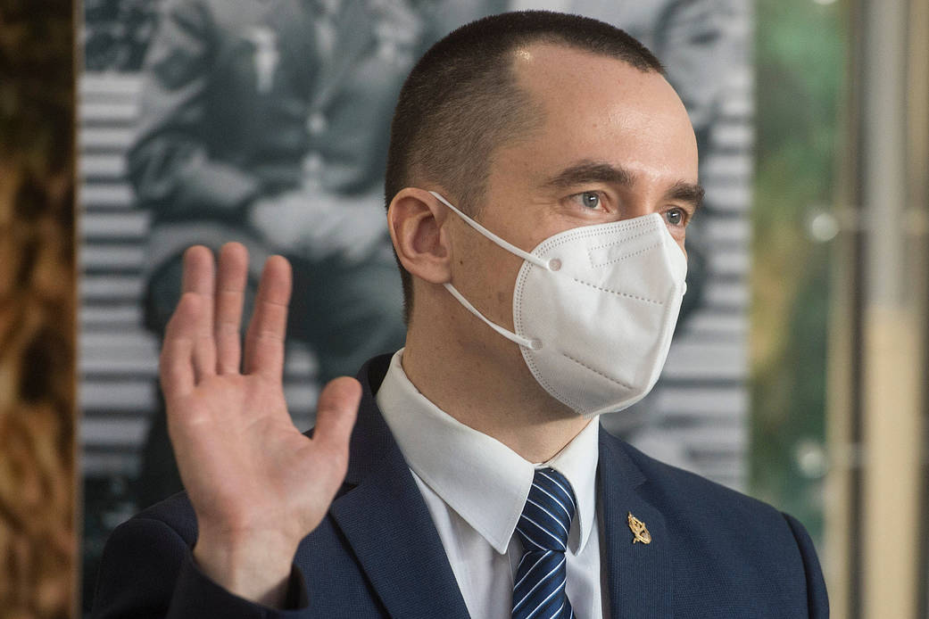 Cosmonaut Pyotr Dubrov during a press conference