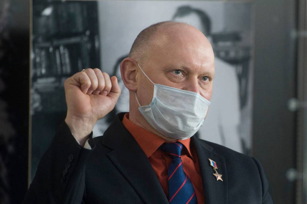 Cosmonaut Oleg Artemyev of Roscosmos during a press conference