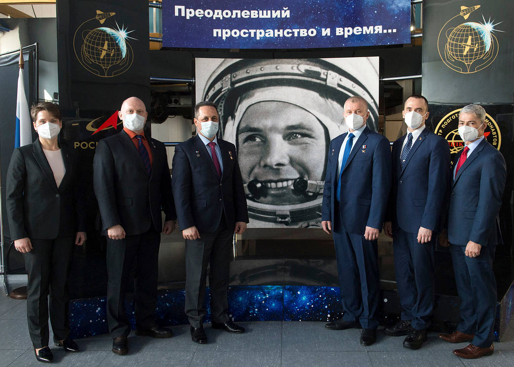 Expedition 65 backup and prime crew members during a press conference