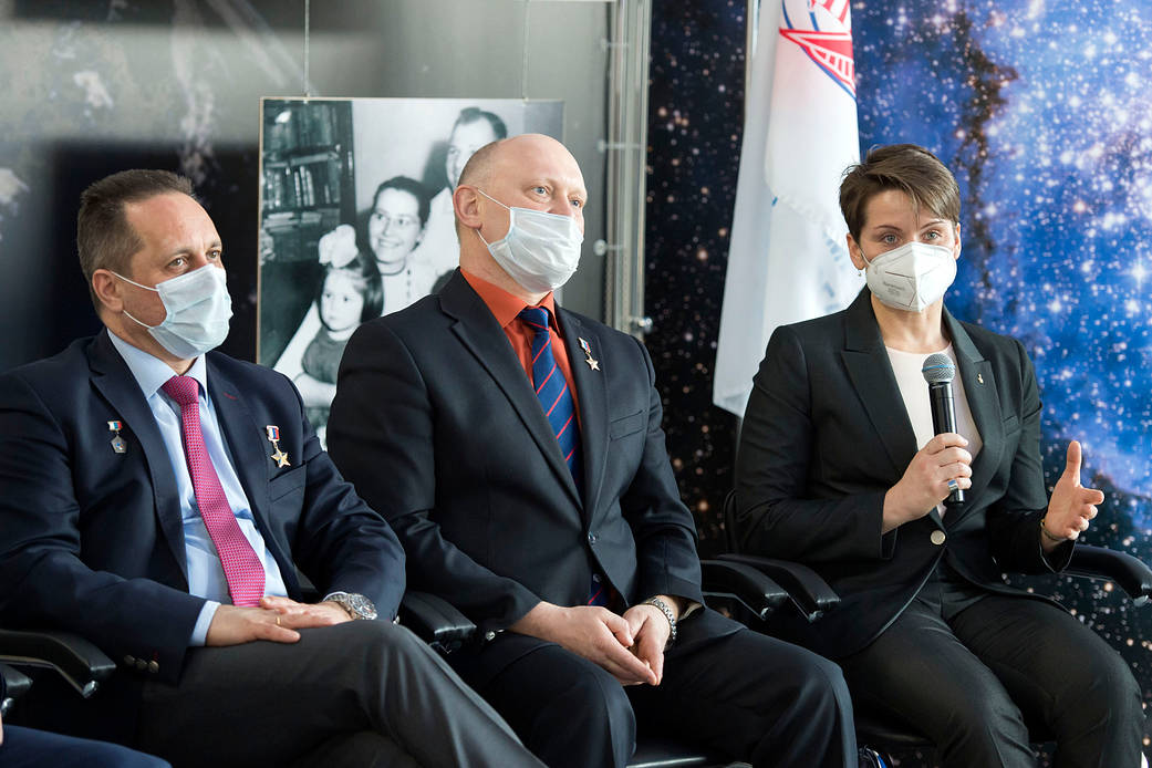 NASA astronaut Anne McClain speaks during a press conference