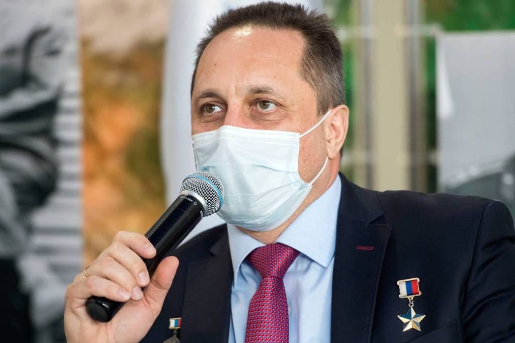 Cosmonaut Anton Shkaplerov speaks during a press conference