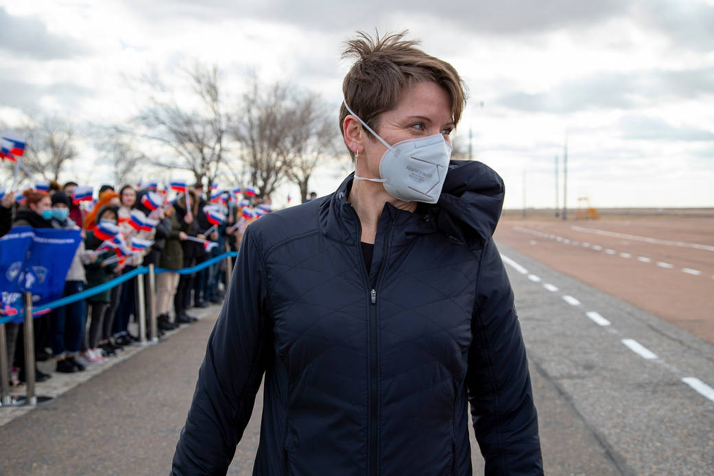 NASA astronaut Anne McClain is seen after arriving in Baikonur